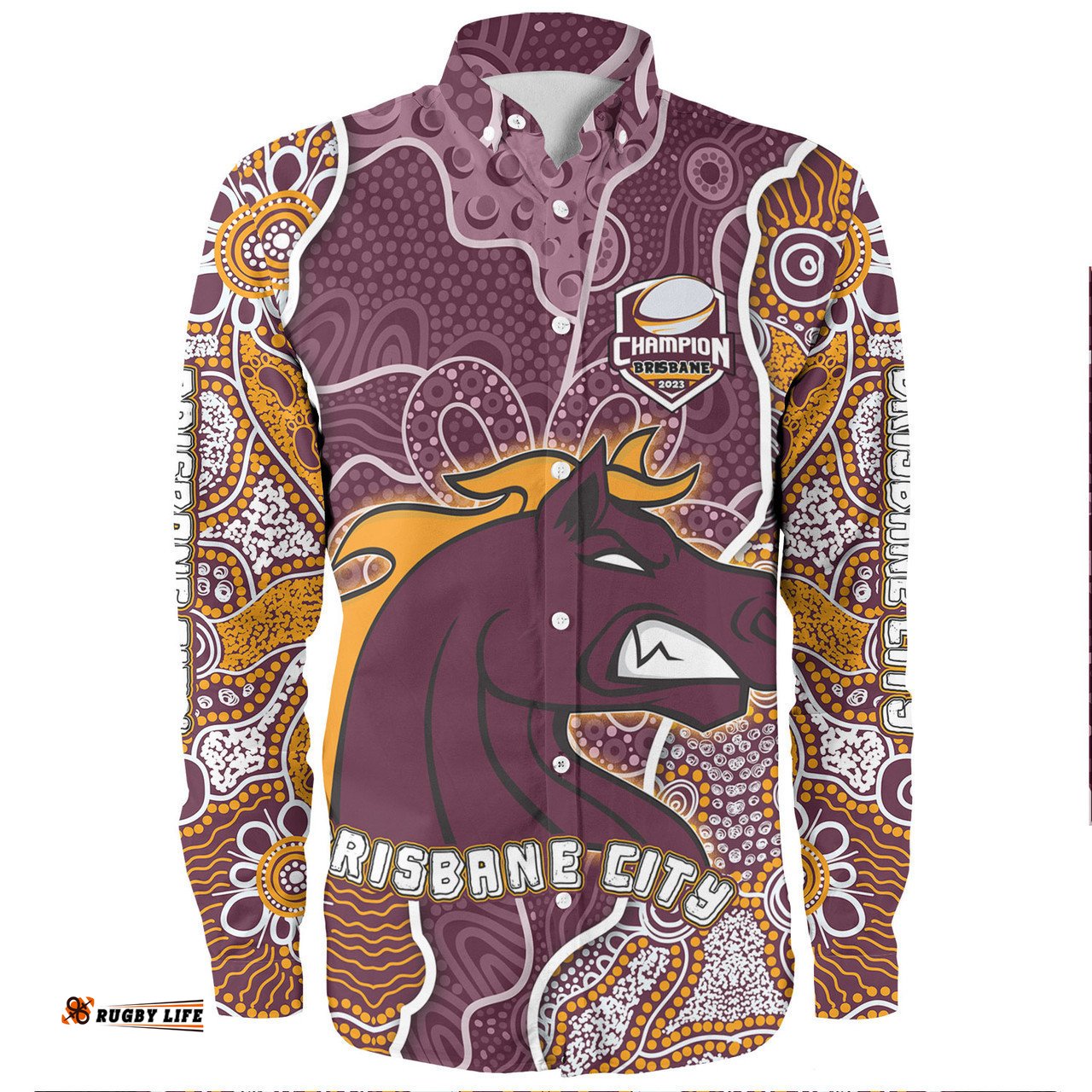 Brisbane Broncos Grand Final Custom Long Sleeve Button Shirts - Custom Brisbane Broncos With Contemporary Style Of Aboriginal Painting Long Sleeve Button Shirts
