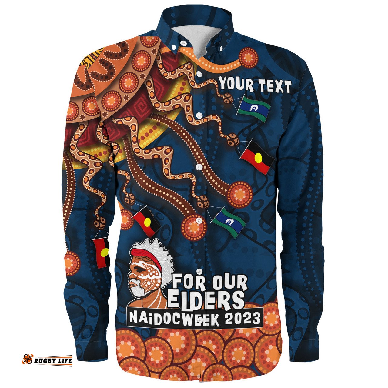Australia Naidoc Week Custom Long Sleeve Button Shirt - For Our Elders Naidoc Week Snake Aboriginal Painting With Flag (Blue)