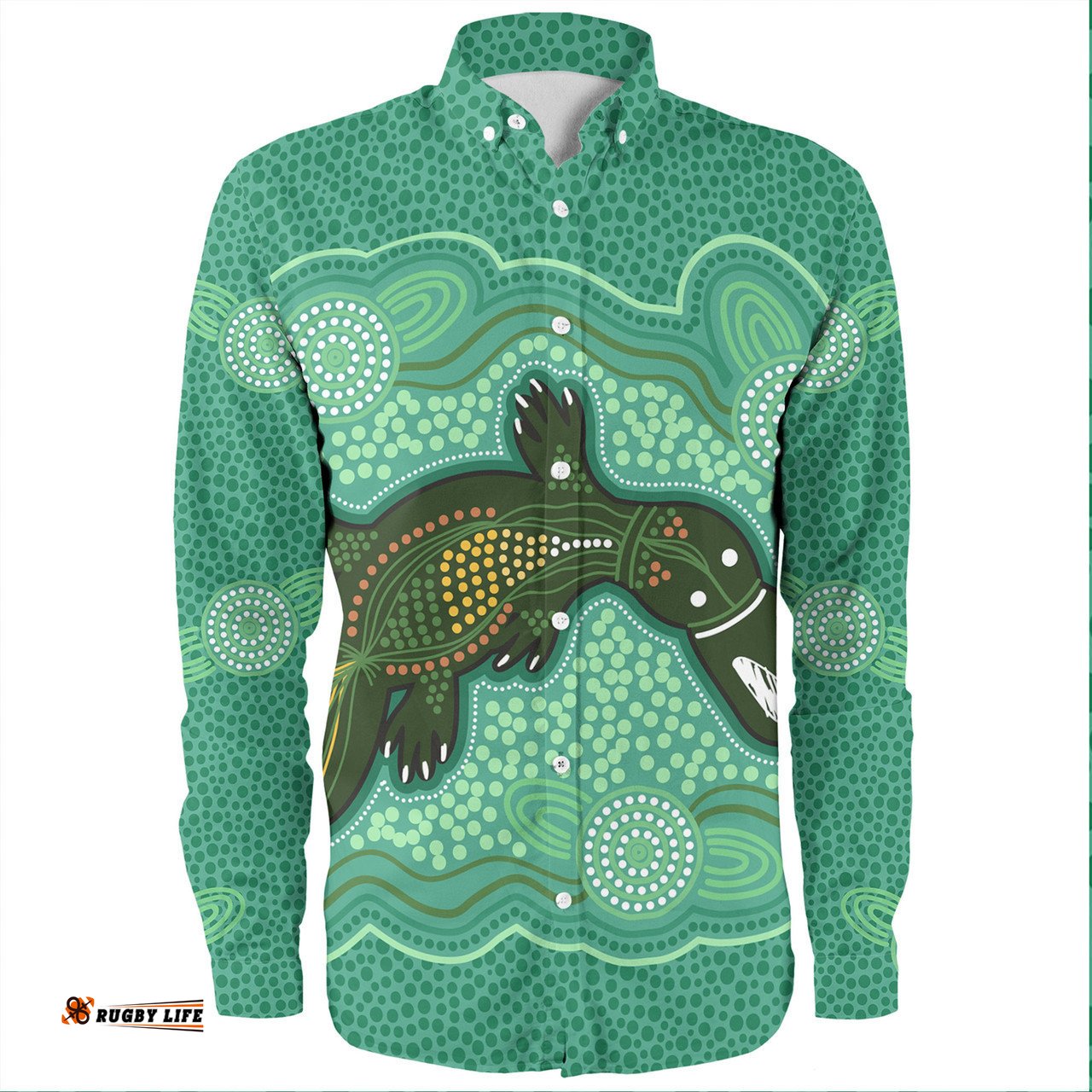 Australia Aboriginal Long Sleeve Button Shirts - Green Platypus Aboriginal Art Inspired Long Sleeve Button Shirts