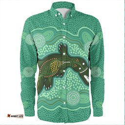 Australia Aboriginal Long Sleeve Button Shirts - Green Platypus Aboriginal Art Inspired Long Sleeve Button Shirts