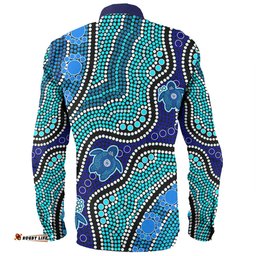 Australia Personalised Aboriginal Custom Long Sleeve Button Shirt - River And Turtles Dot Art Painting Blue Long Sleeve Button Shirt