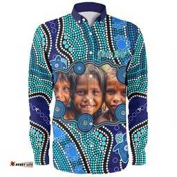 Australia Personalised Aboriginal Custom Long Sleeve Button Shirt - River And Turtles Dot Art Painting Blue Long Sleeve Button Shirt