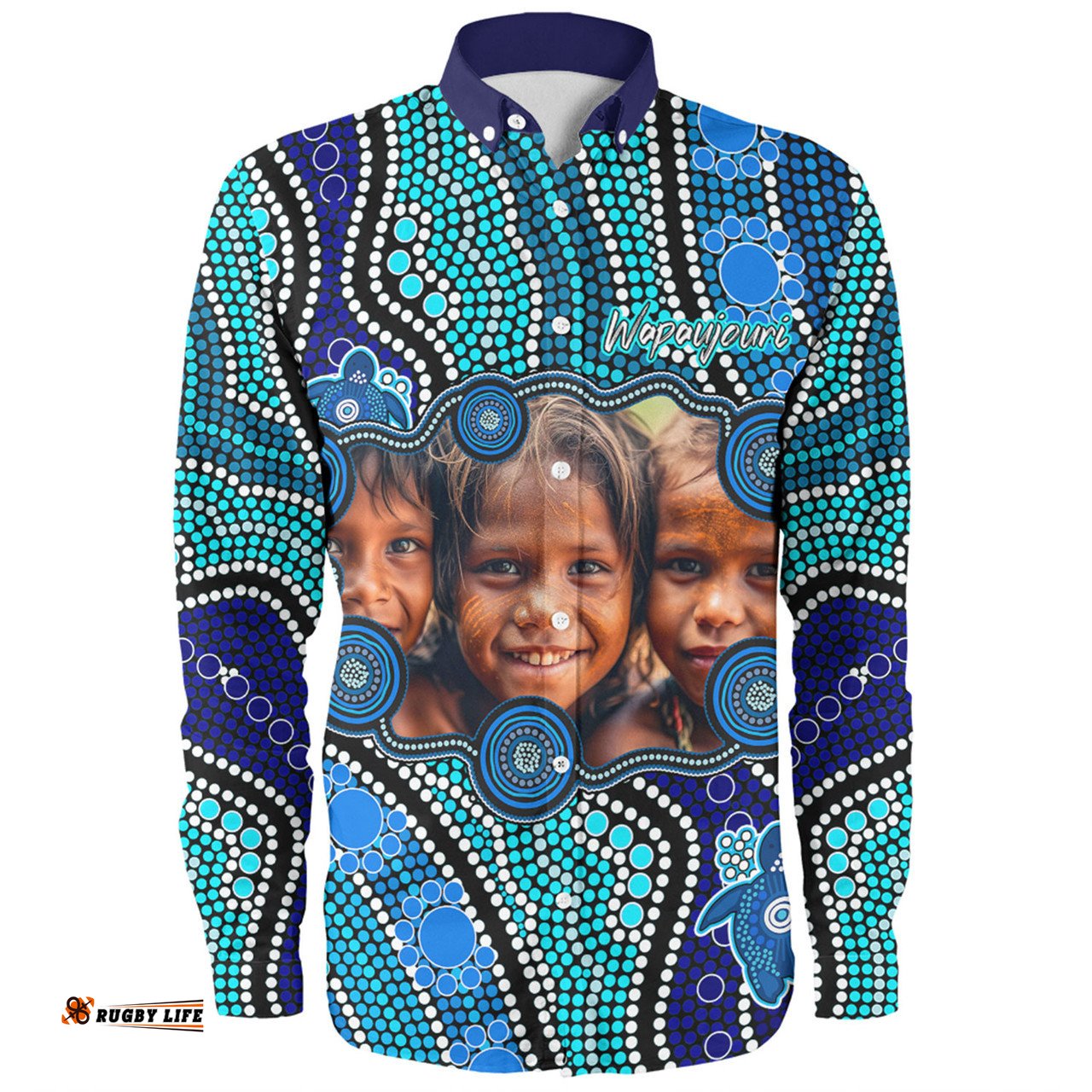 Australia Personalised Aboriginal Custom Long Sleeve Button Shirt - River And Turtles Dot Art Painting Blue Long Sleeve Button Shirt