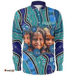 Australia Personalised Aboriginal Custom Long Sleeve Button Shirt - River And Turtles Dot Art Painting Blue Long Sleeve Button Shirt