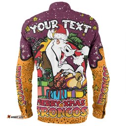 Brisbane Broncos Christmas Custom Long Sleeve Button Shirt - Merry Christmas Our Beloved Team With Aboriginal Dot Art Pattern Long Sleeve Button Shirt