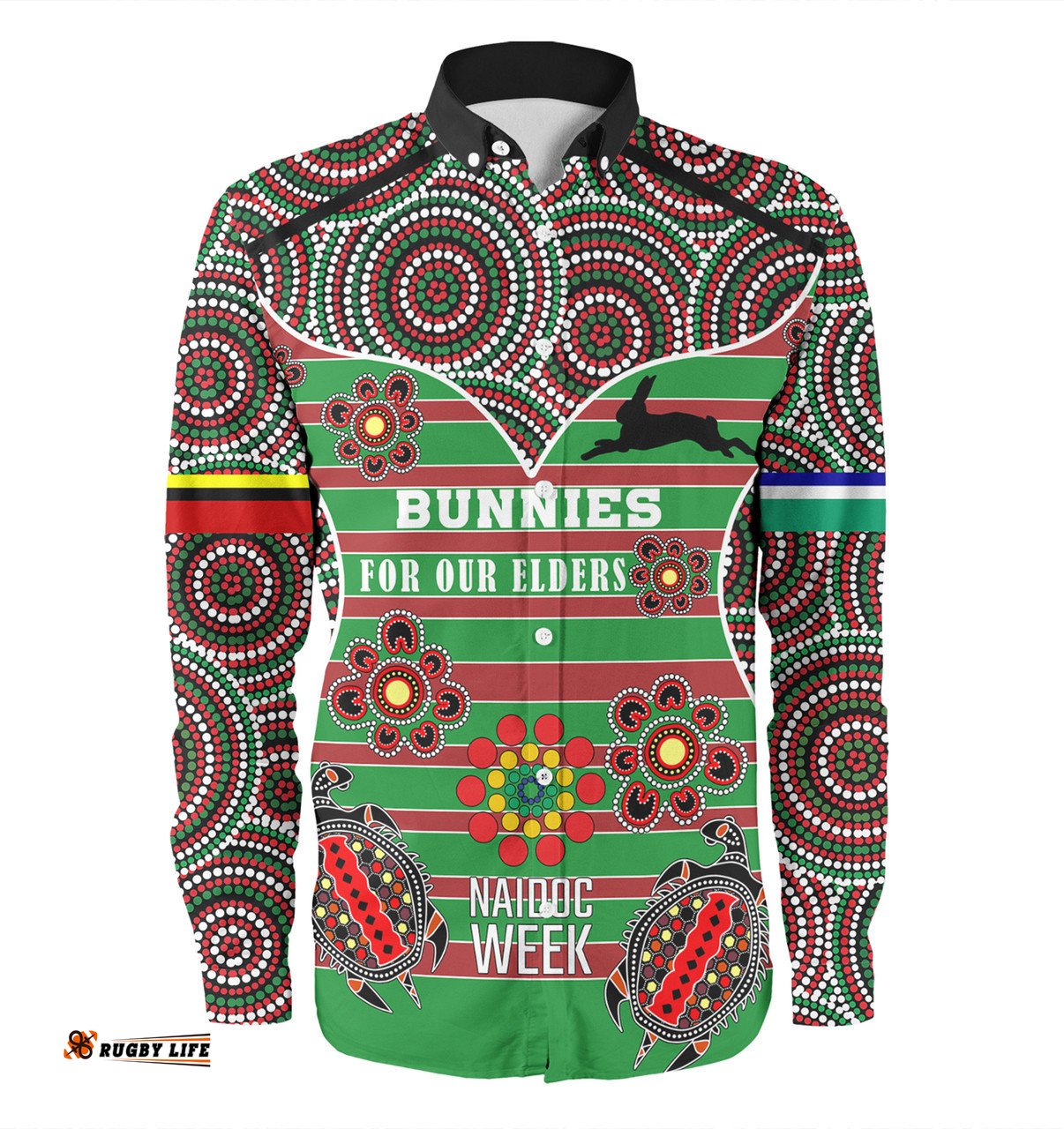 South Sydney Rabbitohs Long Sleeve Button Shirt - NAIDOC WEEK 2023 Indigenous Inspired For Our Elders Theme