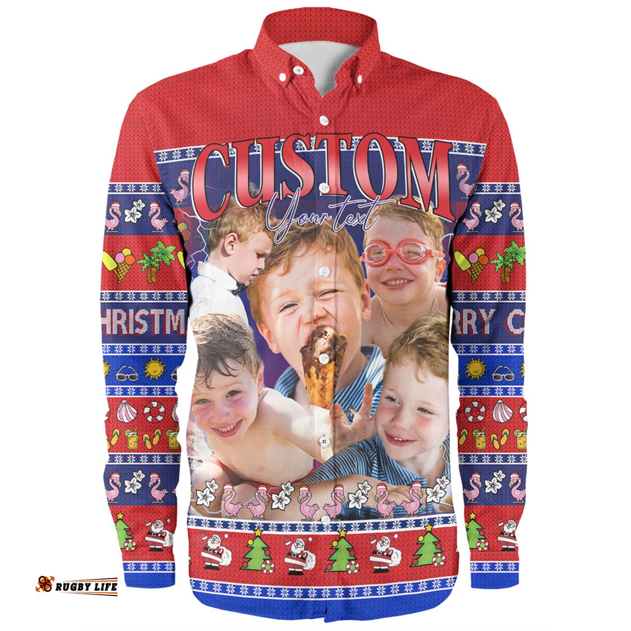 Australia Christmas Custom Long Sleeve Button Shirt - Personalised Blue Summer Vibes Chrissie Present Long Sleeve Button Shirt