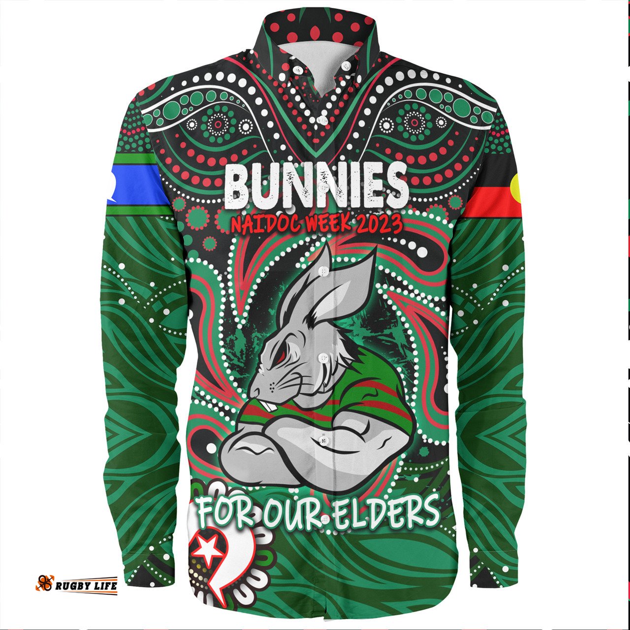 South Sydney Rabbitohs Long Sleeve Button Shirt - Aboriginal For Our Elder NAIDOC Week 2023
