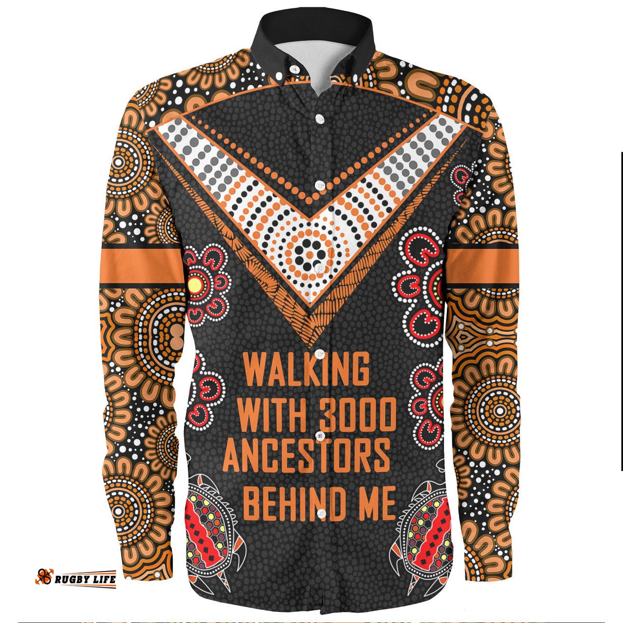 Australia Aboriginal Long Sleeve Button Shirts - Walking with 3000 Ancestors Behind Me Black and Orange Patterns Long Sleeve Button Shirts