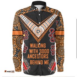 Australia Aboriginal Long Sleeve Button Shirts - Walking with 3000 Ancestors Behind Me Black and Orange Patterns Long Sleeve Button Shirts
