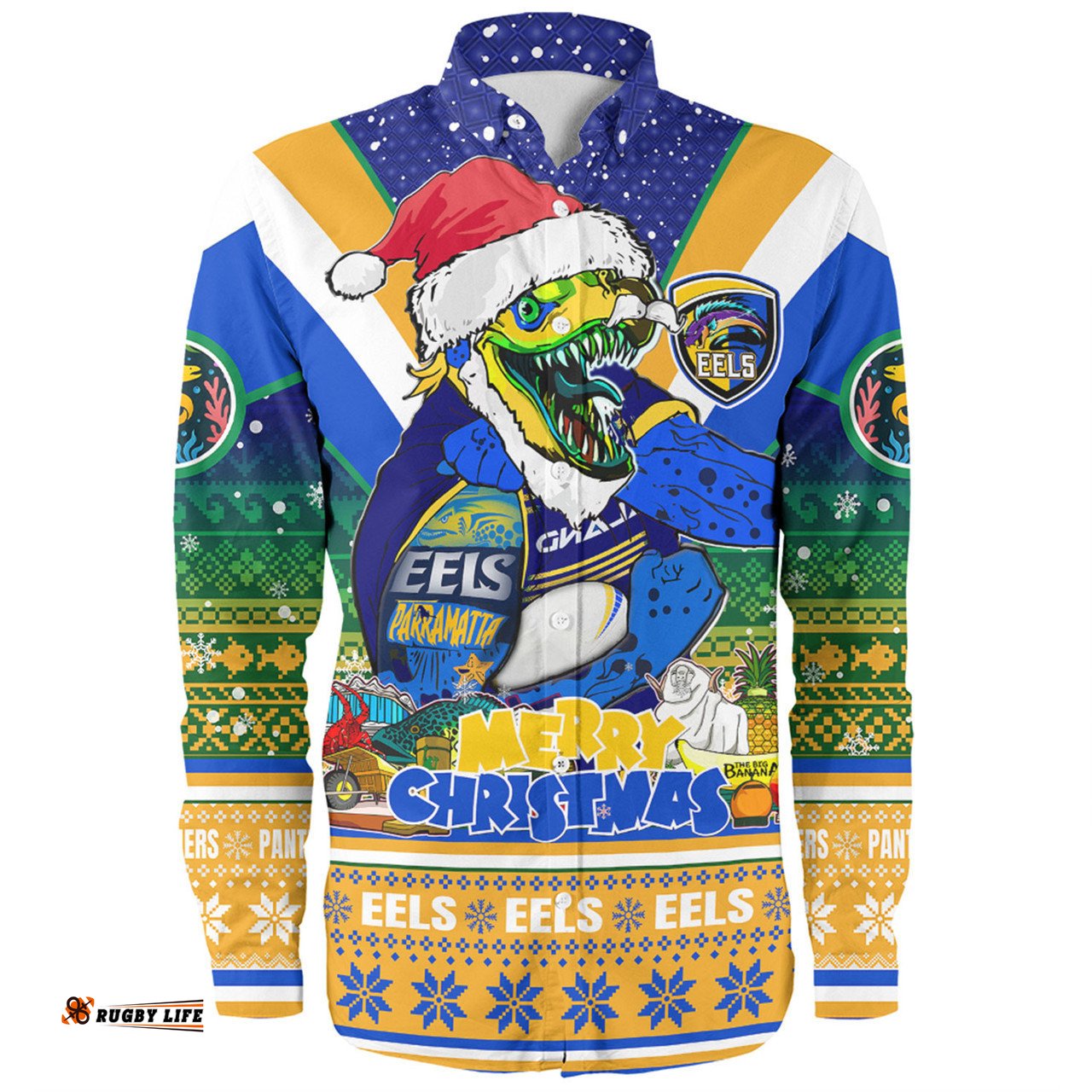 Parramatta Eels Christmas Custom Long Sleeve Button Shirt - Parramatta Eels Santa Aussie Big Things Christmas Long Sleeve Button Shirt