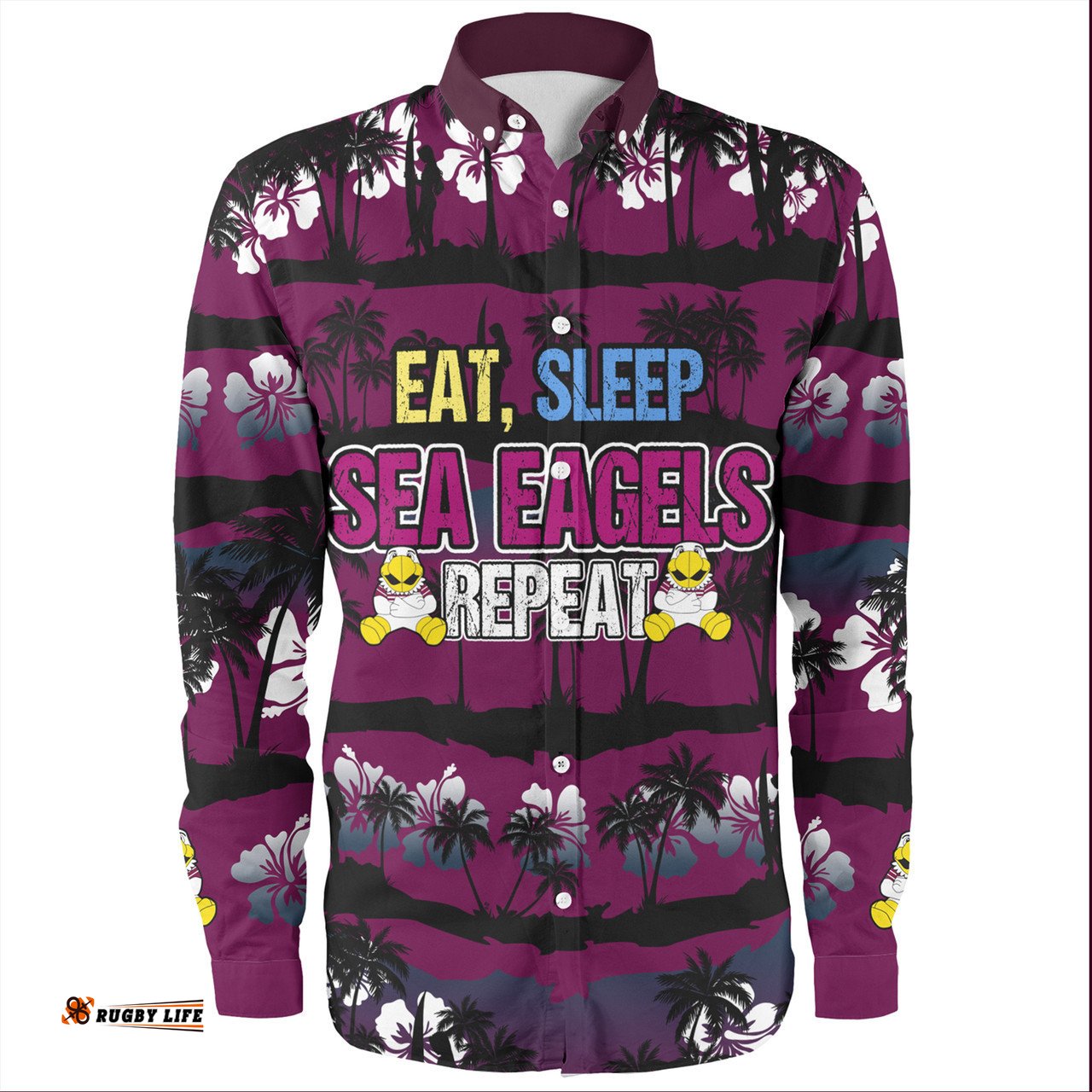 Manly Warringah Sea Eagles Long Sleeve Button Shirt - Eat Sleep Repeat With Tropical Patterns