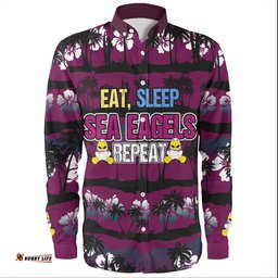 Manly Warringah Sea Eagles Long Sleeve Button Shirt - Eat Sleep Repeat With Tropical Patterns