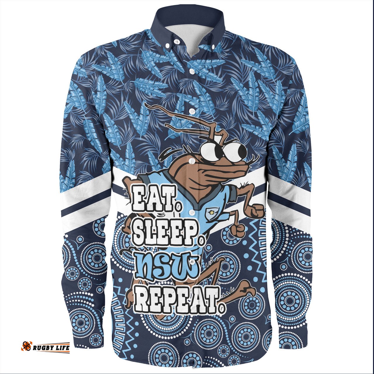 Cockroach Sport Long Sleeve Button Shirt - Tropical Patterns And Dot Painting Eat Sleep Repeat