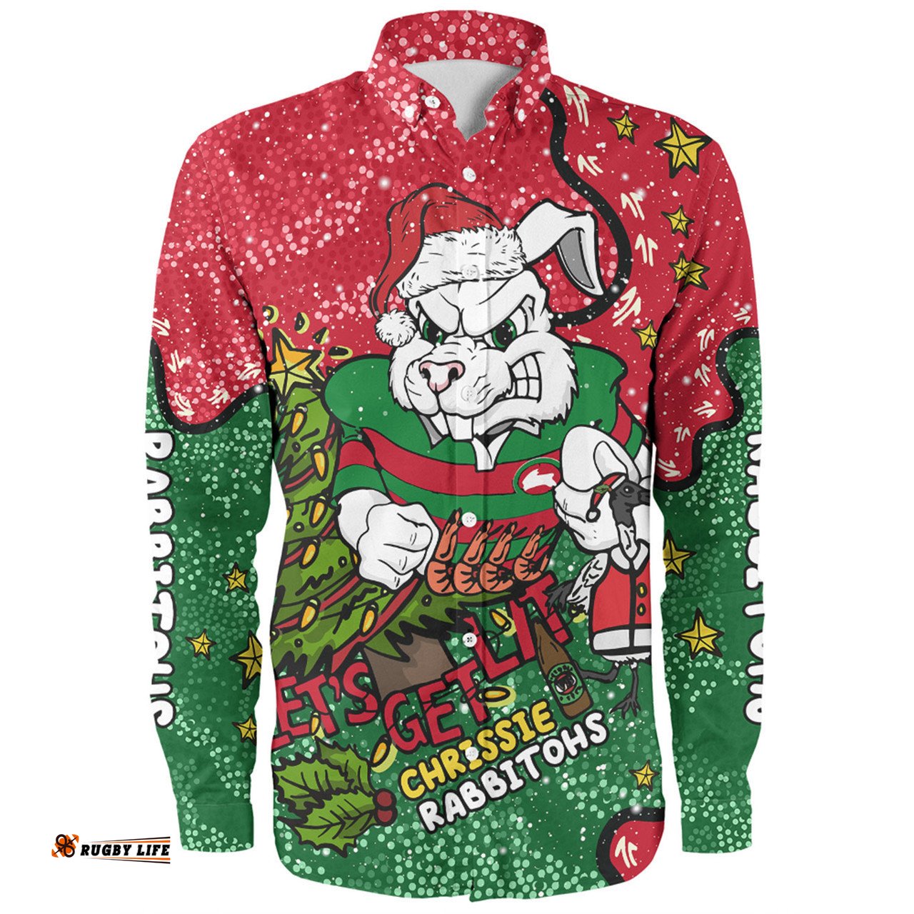 South Sydney Rabbitohs Custom Long Sleeve Button Shirt - Let's Get Lit Chrisse Pressie Long Sleeve Button Shirt