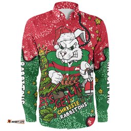 South Sydney Rabbitohs Custom Long Sleeve Button Shirt - Let's Get Lit Chrisse Pressie Long Sleeve Button Shirt