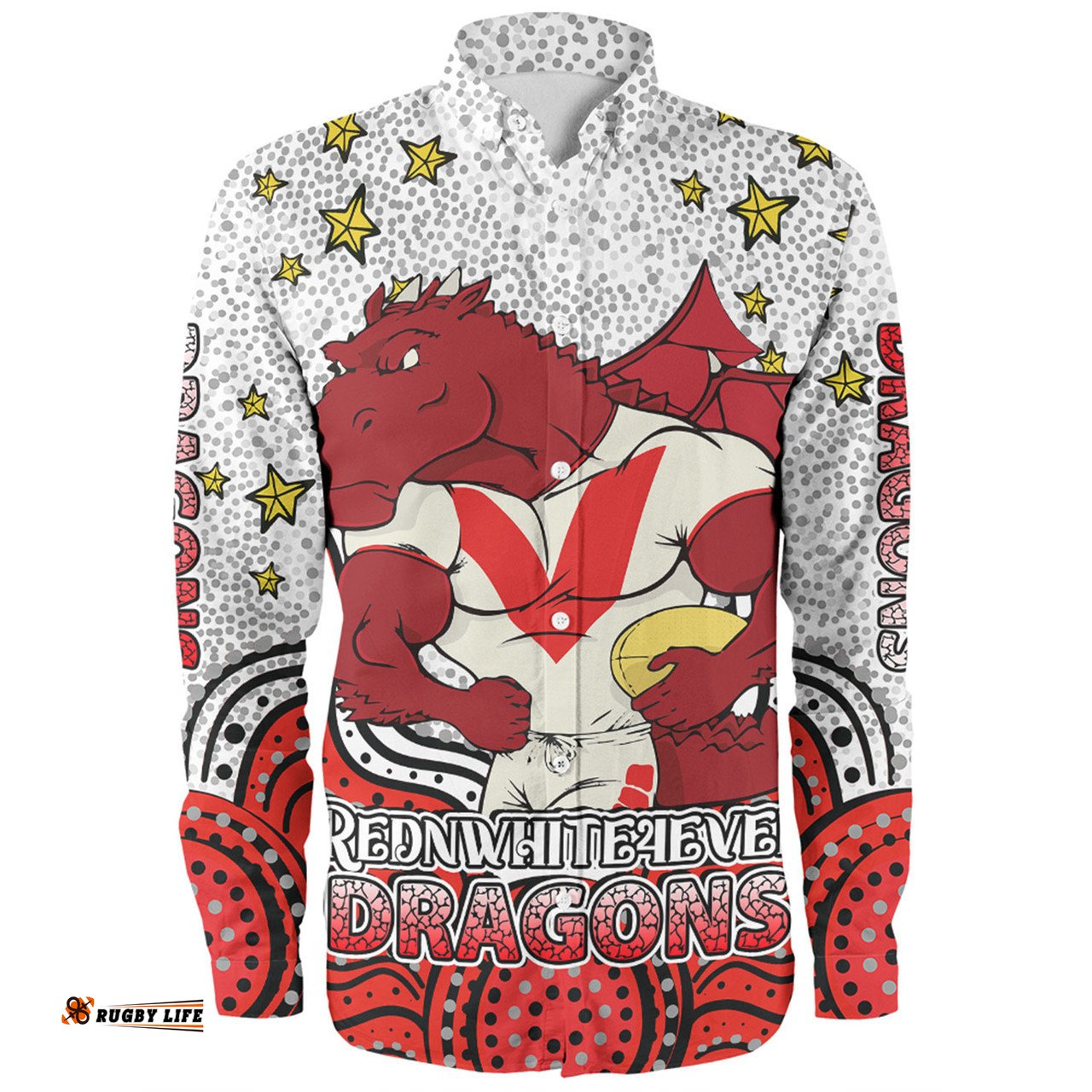 St. George Illawarra Dragons Custom Long Sleeve Button Shirt - Custom With Aboriginal Inspired Style Of Dot Painting Patterns Long Sleeve Button Shirt