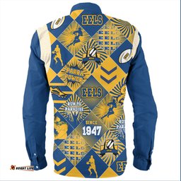 Parramatta Eels Sport Long Sleeve Button Shirt - Argyle Patterns Style Tough Fan Rugby For Life