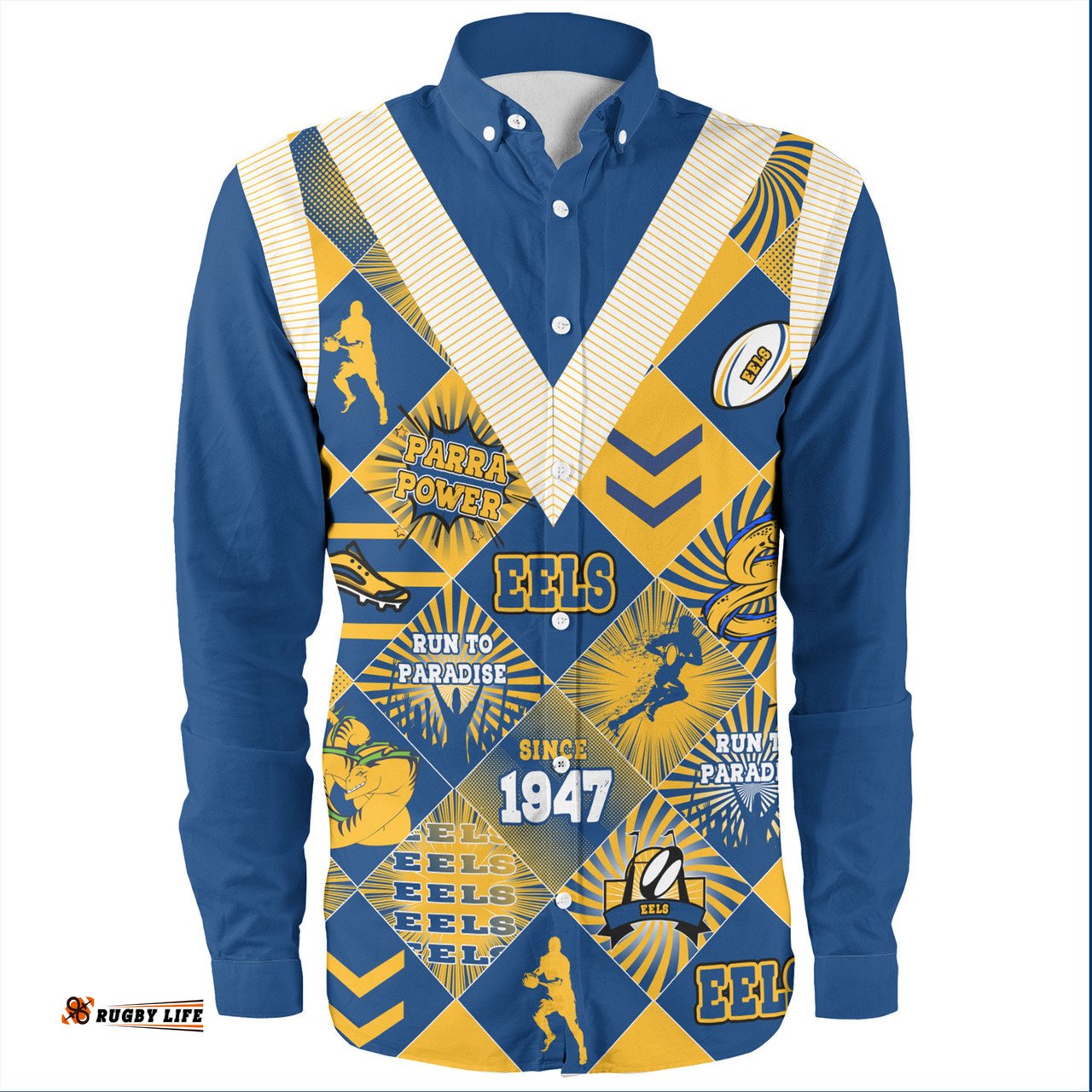 Parramatta Eels Sport Long Sleeve Button Shirt - Argyle Patterns Style Tough Fan Rugby For Life