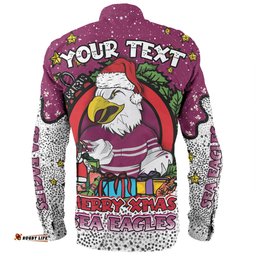 Manly Warringah Sea Eagles Christmas Custom Long Sleeve Button Shirt - Merry Christmas Our Beloved Team With Aboriginal Dot Art Pattern Long Sleeve Button Shirt