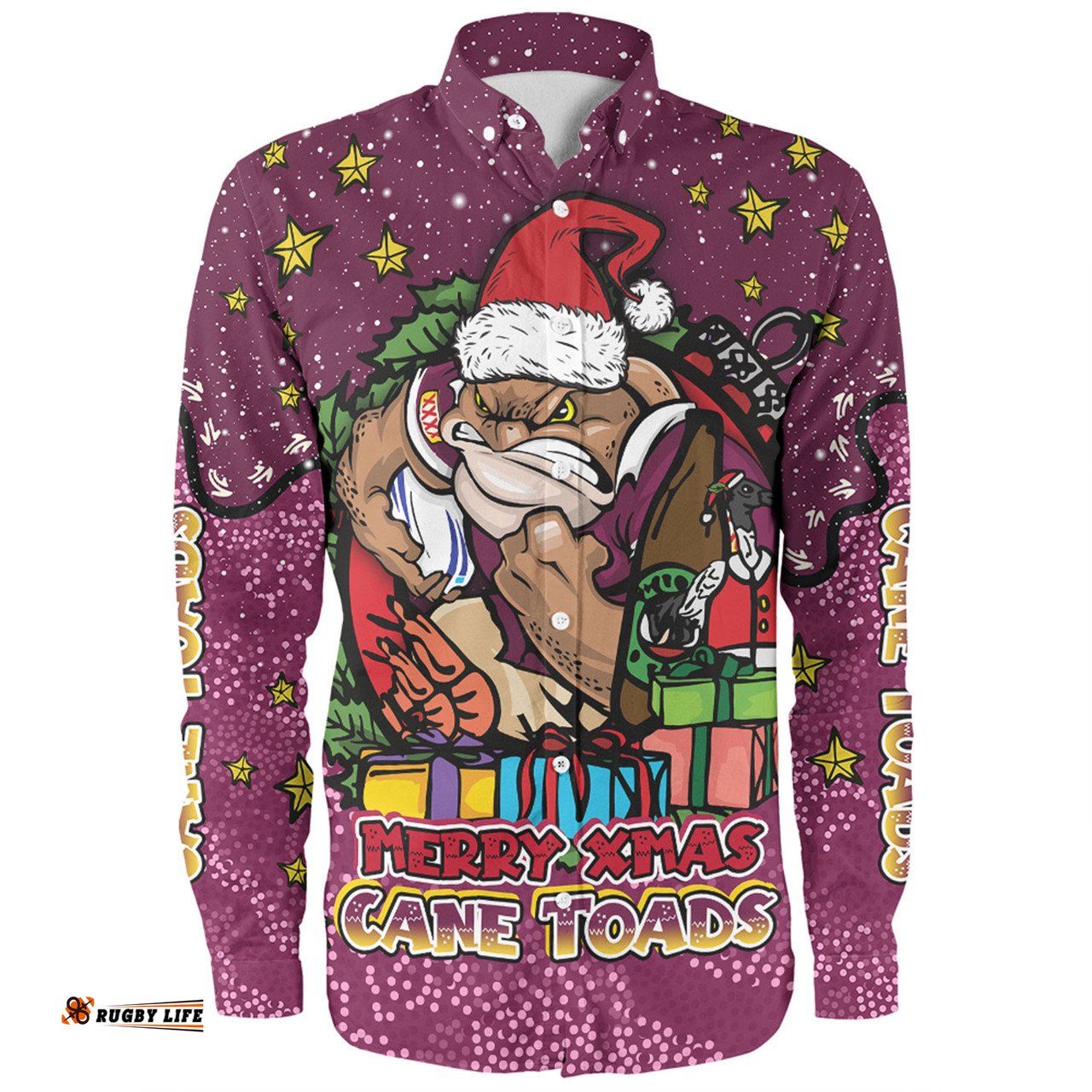 Queensland Cane Toads Christmas Custom Long Sleeve Button Shirt - Merry Christmas Our Beloved Team With Aboriginal Dot Art Pattern Long Sleeve Button Shirt