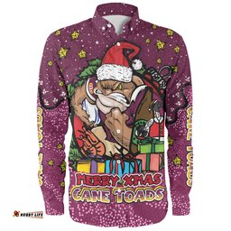 Queensland Cane Toads Christmas Custom Long Sleeve Button Shirt - Merry Christmas Our Beloved Team With Aboriginal Dot Art Pattern Long Sleeve Button Shirt