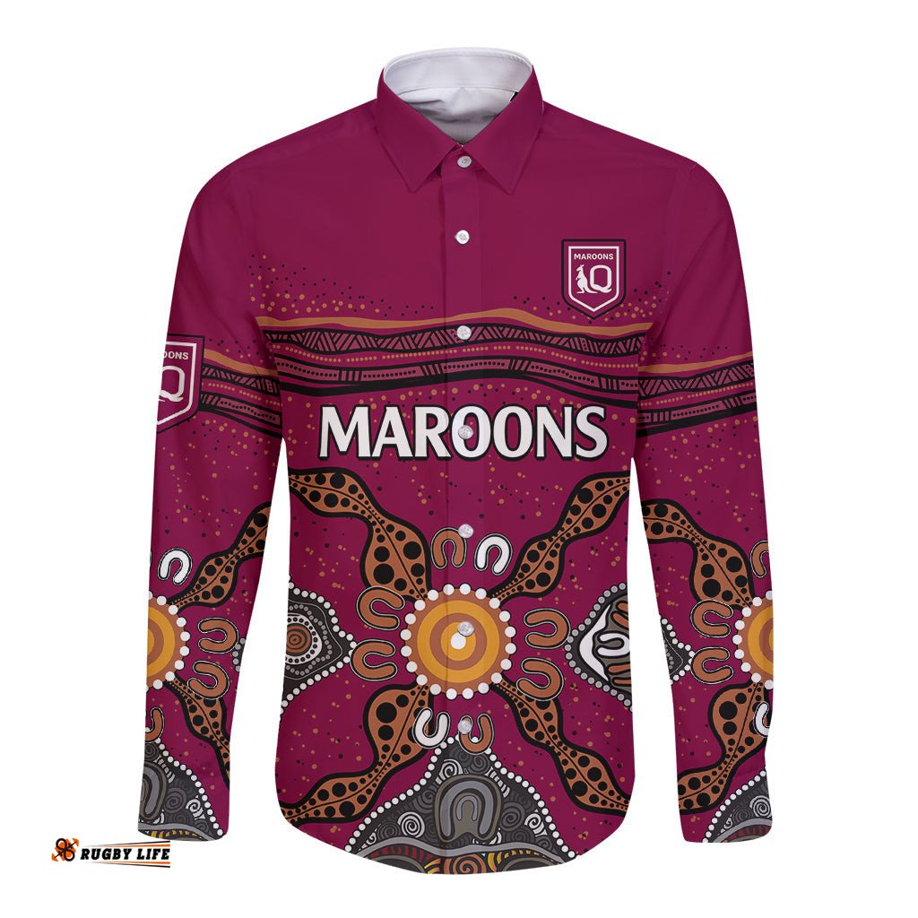 QLD Maroons Rugby Long Sleeve Button Shirt Queensland Aboriginal Origin
