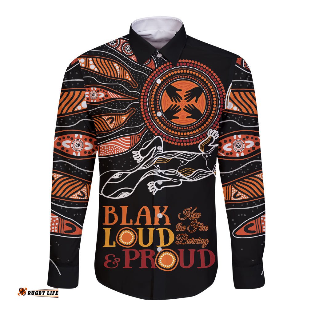 Australia NAIDOC 2024 Long Sleeve Button Shirt Blak Loud and Proud Aboriginal Lizard Art