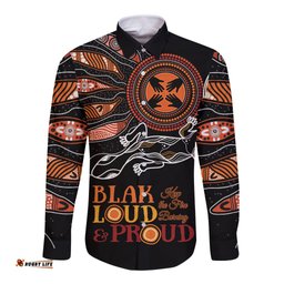Australia NAIDOC 2024 Long Sleeve Button Shirt Blak Loud and Proud Aboriginal Lizard Art