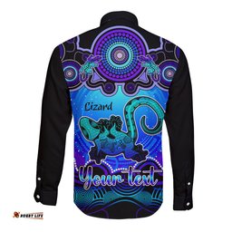 Personalised Australia Leo Lizard Zodiac Long Sleeve Button Shirt Auz Astrology Aboriginal Blue