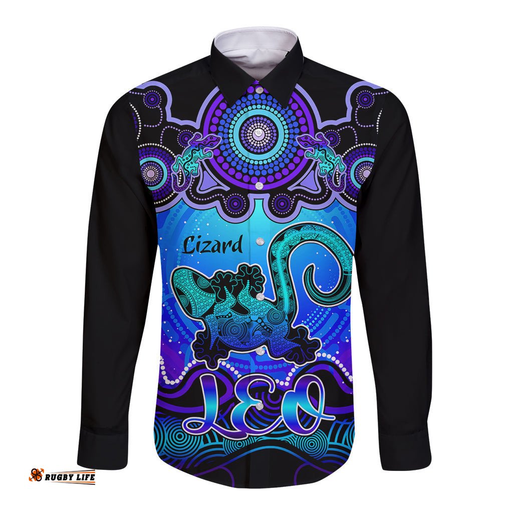 Personalised Australia Leo Lizard Zodiac Long Sleeve Button Shirt Auz Astrology Aboriginal Blue