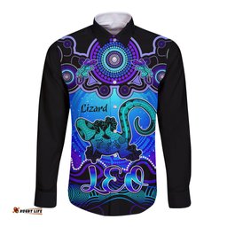 Personalised Australia Leo Lizard Zodiac Long Sleeve Button Shirt Auz Astrology Aboriginal Blue