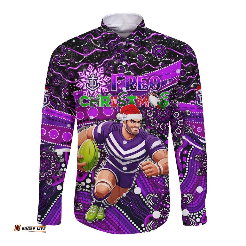 Merry Christmas AFL Fremantle Freo Long Sleeve Button Shirt Aboriginal Santa Football Mascot