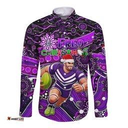 Merry Christmas AFL Fremantle Freo Long Sleeve Button Shirt Aboriginal Santa Football Mascot