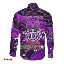 Merry Christmas AFL Fremantle Freo Long Sleeve Button Shirt Aboriginal Santa Football Mascot