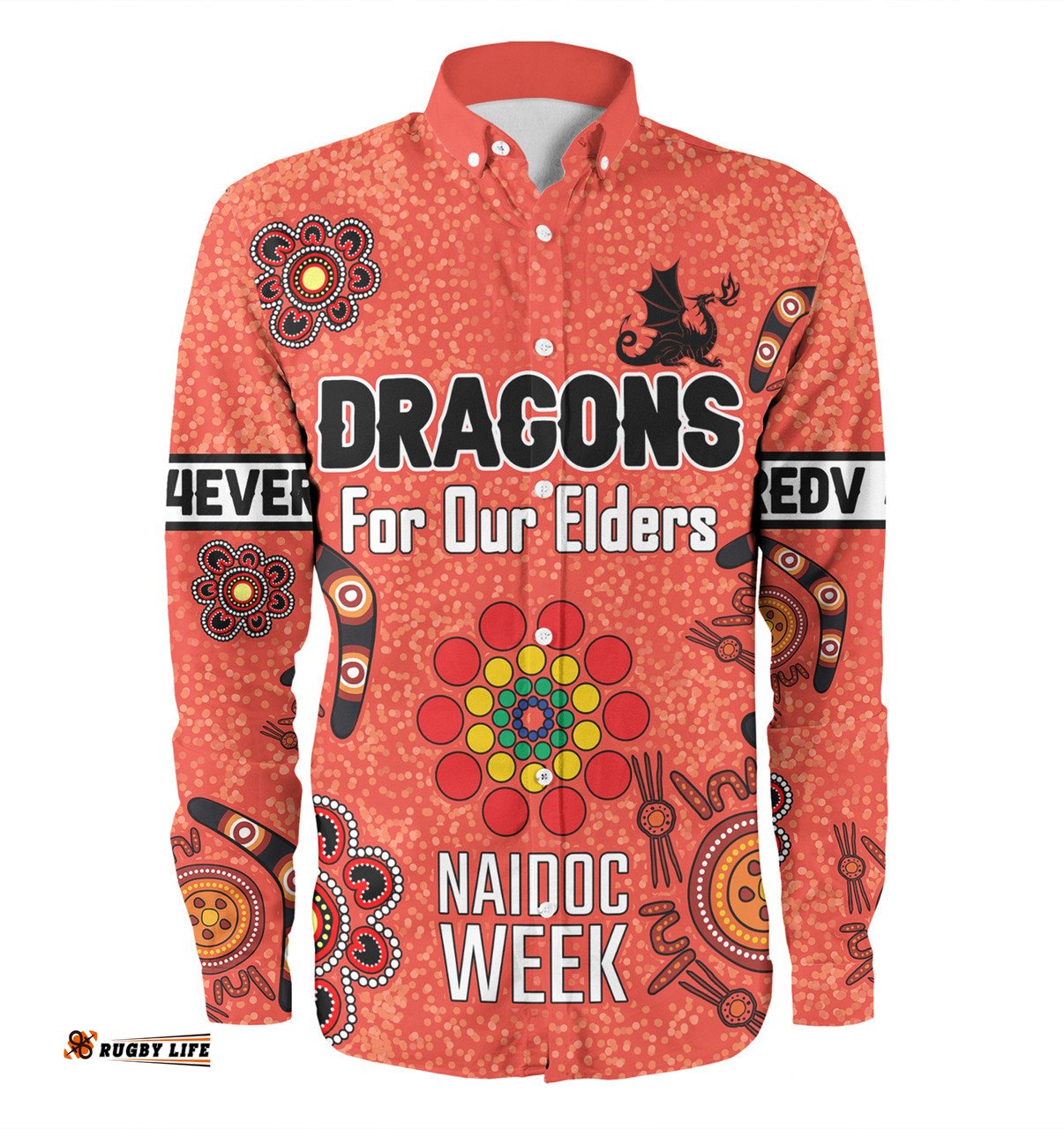 St. George Illawarra Dragons Naidoc Week Long Sleeve Button Shirt - NAIDOC WEEK 2023 Indigenous Inspired For Our Elders Theme