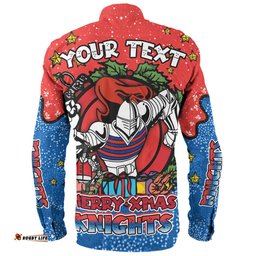 Newcastle Knights Christmas Custom Long Sleeve Button Shirt - Merry Christmas Our Beloved Team With Aboriginal Dot Art Pattern Long Sleeve Button Shirt