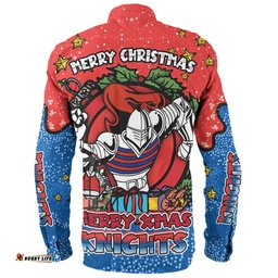 Newcastle Knights Christmas Custom Long Sleeve Button Shirt - Merry Christmas Our Beloved Team With Aboriginal Dot Art Pattern Long Sleeve Button Shirt