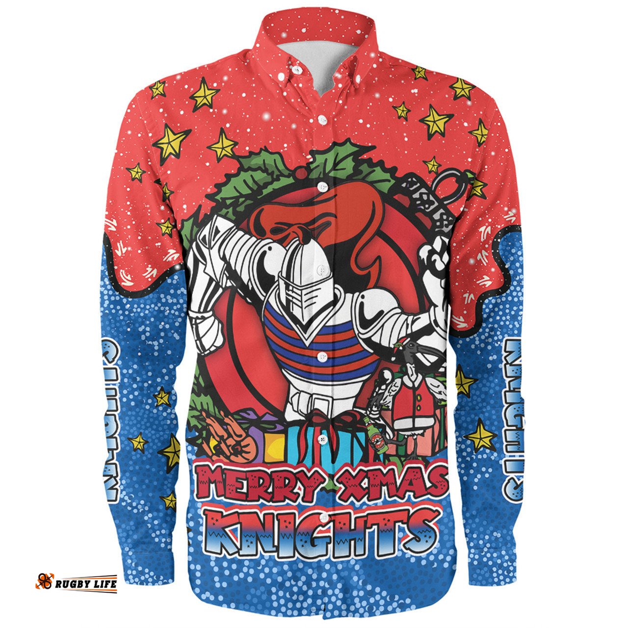 Newcastle Knights Christmas Custom Long Sleeve Button Shirt - Merry Christmas Our Beloved Team With Aboriginal Dot Art Pattern Long Sleeve Button Shirt