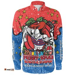 Newcastle Knights Christmas Custom Long Sleeve Button Shirt - Merry Christmas Our Beloved Team With Aboriginal Dot Art Pattern Long Sleeve Button Shirt