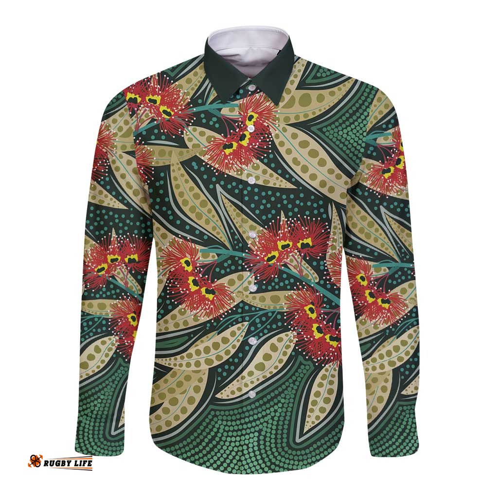 Australian Native Eucalyptus Plant Long Sleeve Button Shirt Aboriginal Dot Art