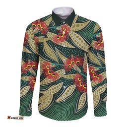 Australian Native Eucalyptus Plant Long Sleeve Button Shirt Aboriginal Dot Art