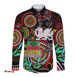 Custom Dragons Rugby Aboriginal Art Long Sleeve Button Shirt NAIDOC Indigenous Tribal