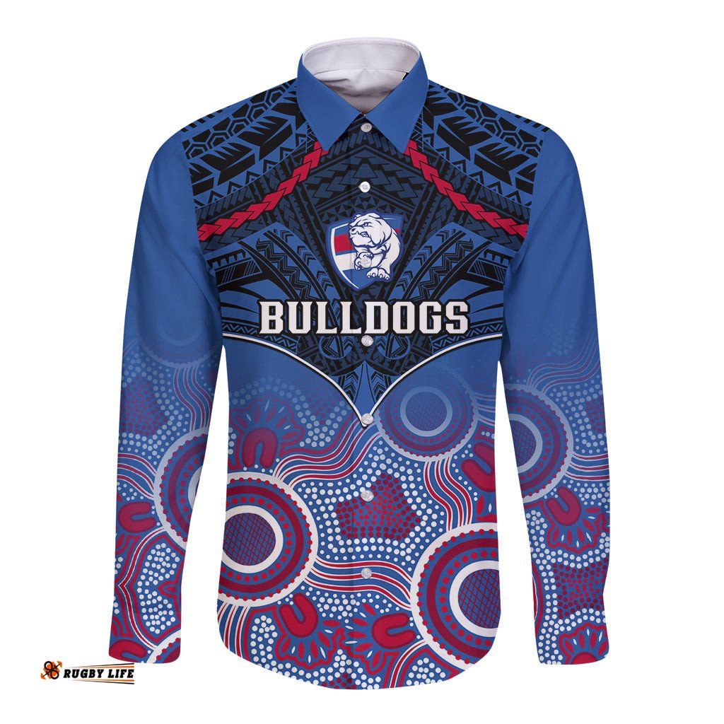 Bulldogs Football Long Sleeve Button Shirt Doggies Aboriginal Mix Polynesian Pattern