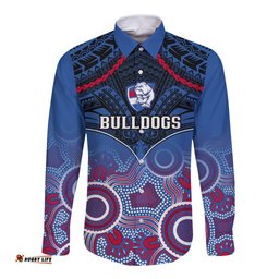Bulldogs Football Long Sleeve Button Shirt Doggies Aboriginal Mix Polynesian Pattern