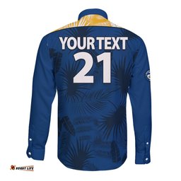 Custom Text And Number Parramatta Eels Rugby Long Sleeve Button Shirt Simple Hawaiian Palms Leaf
