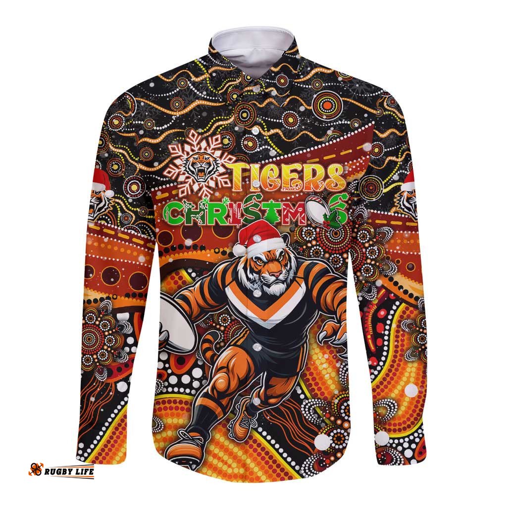 Merry Christmas Wests Tigers Long Sleeve Button Shirt Aboriginal Santa Rugby Mascot - The Tigers