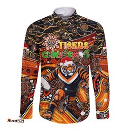 Merry Christmas Wests Tigers Long Sleeve Button Shirt Aboriginal Santa Rugby Mascot - The Tigers