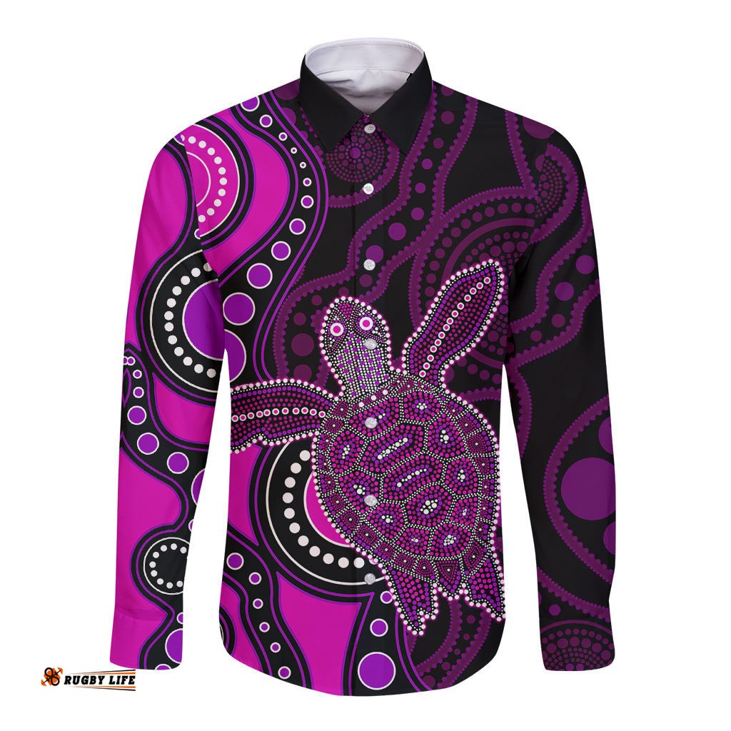 Aboriginal Turtle Long Sleeve Button Shirt Pink Style