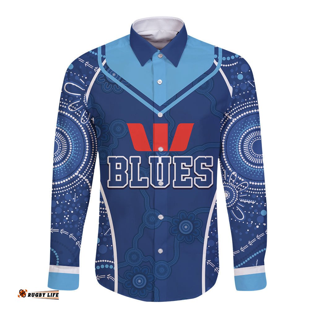 Personalised Indigenous NSW Blues Rugby Long Sleeve Button Shirt State Of Origin Blue Dynamic